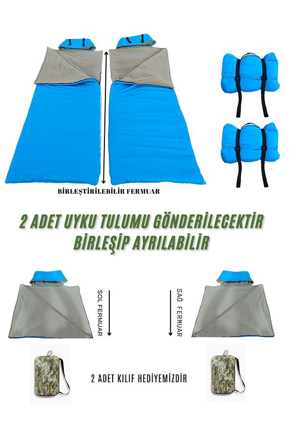 Çift Kişilik 2'li Birleşip Ayrılabilir Uyku Tulumu (-25) Mikro Su İtici Farklı Renkler (2.15×1.50 m) - 1