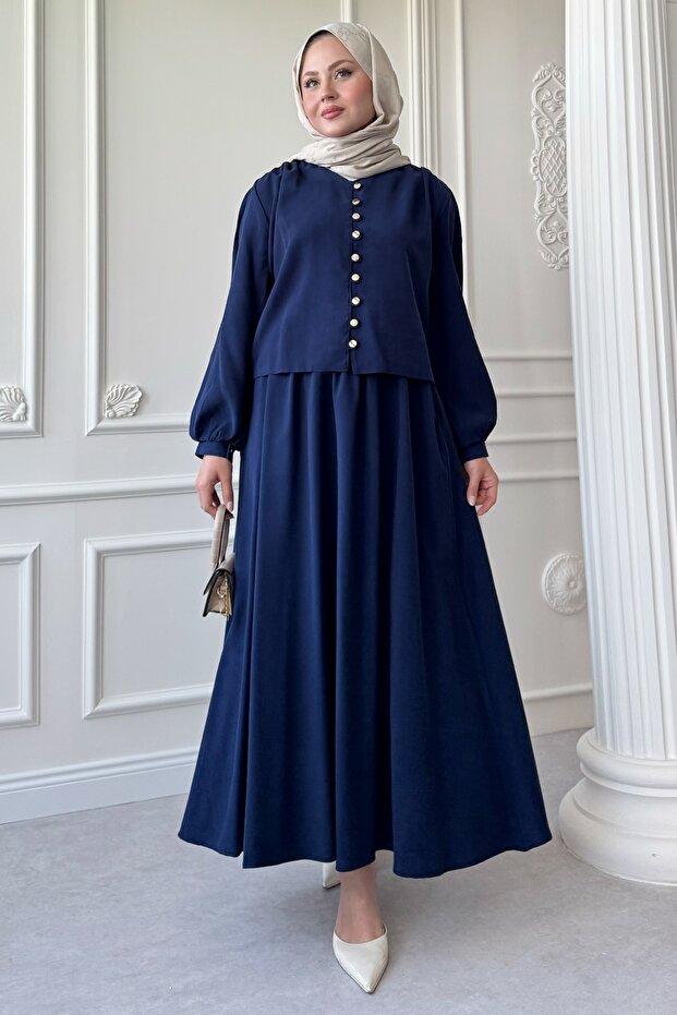 Dark Navy Blue Suit with Elastic Button Detail Skirt