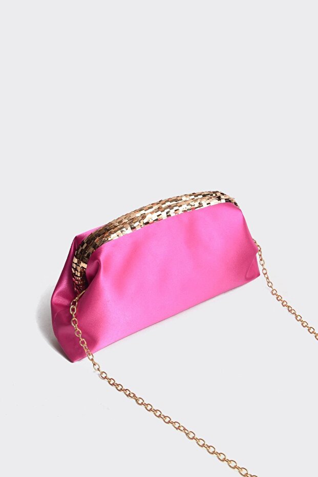 Fuchsia Satin Gold Sequin Detailed Clutch Evening Dress Bag