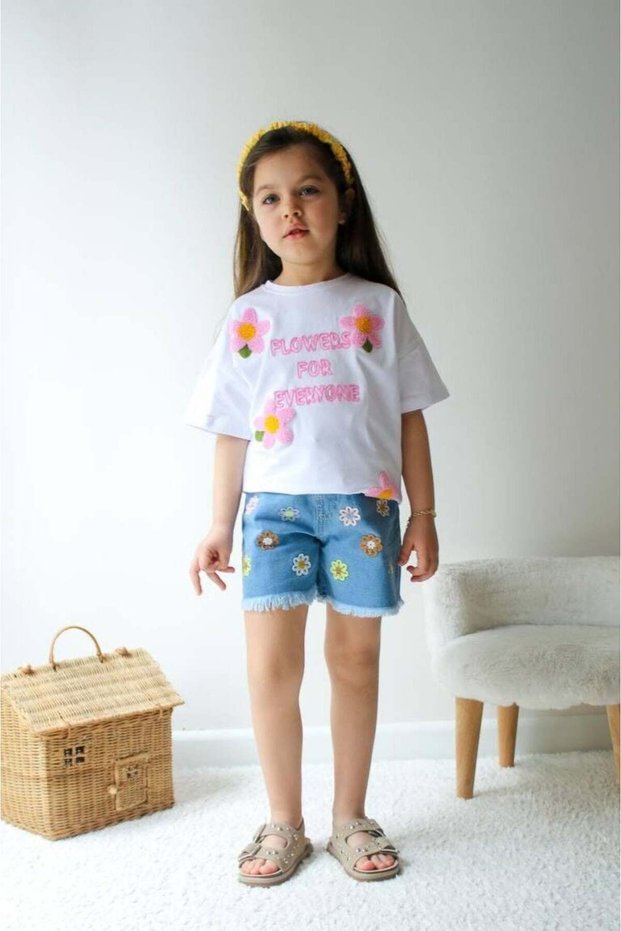 Girl's Suit with Embroidered Denim Shorts