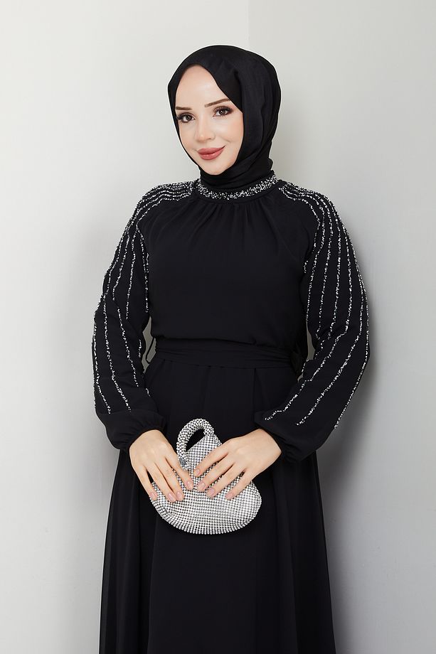 Kadın Kolu Taşlı Astarlı Şifon Elbise - 6