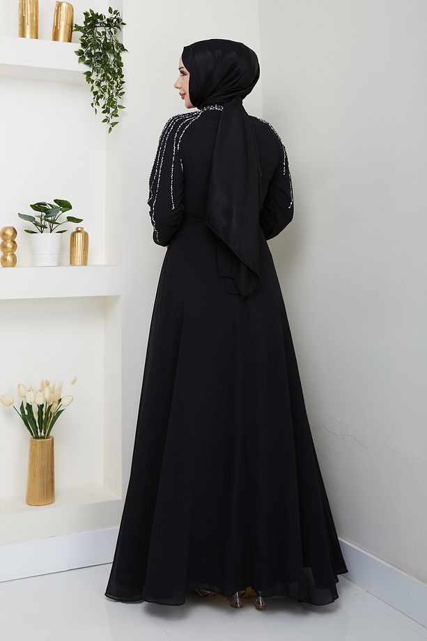 Kadın Kolu Taşlı Astarlı Şifon Elbise - 5