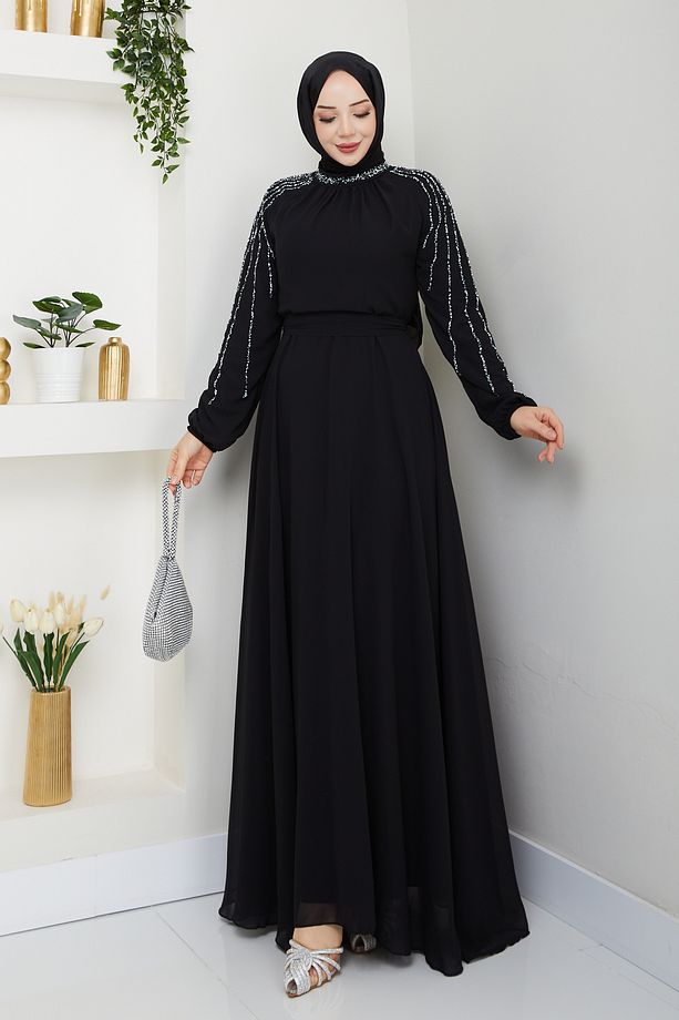 Kadın Kolu Taşlı Astarlı Şifon Elbise - 3