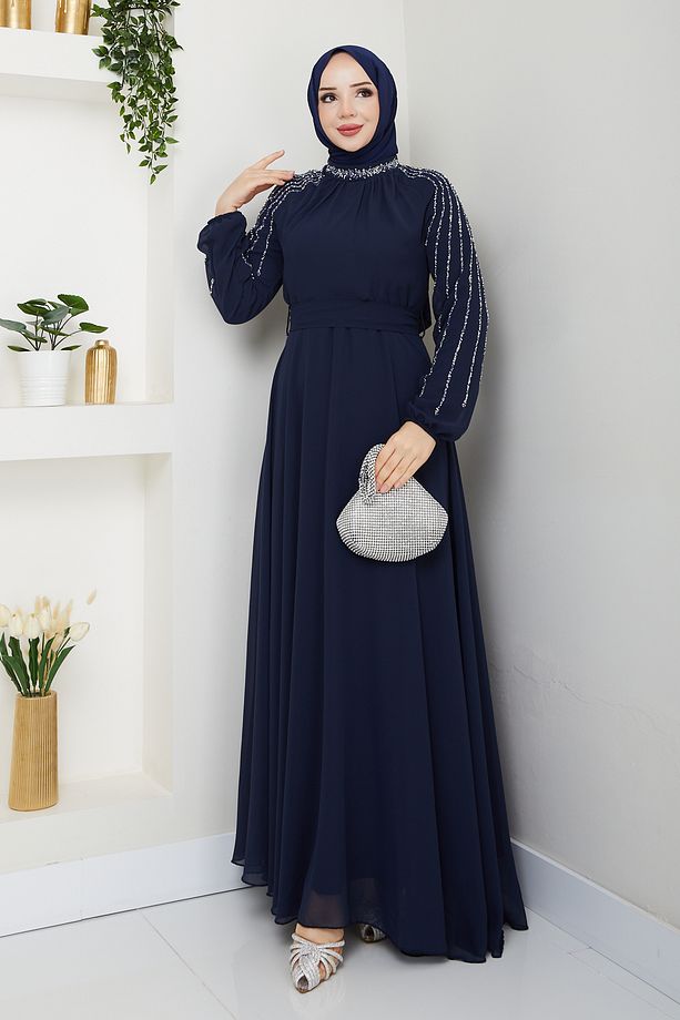 Kadın Kolu Taşlı Astarlı Şifon Elbise - 3