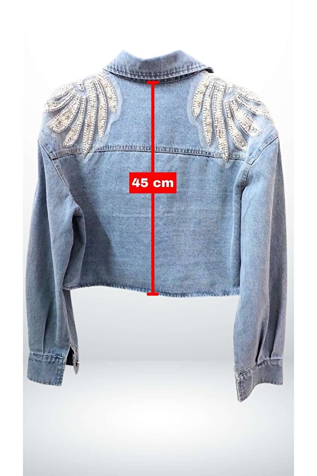 Dalgalı Payet İşlemeli Kısa Denim Mont - 4