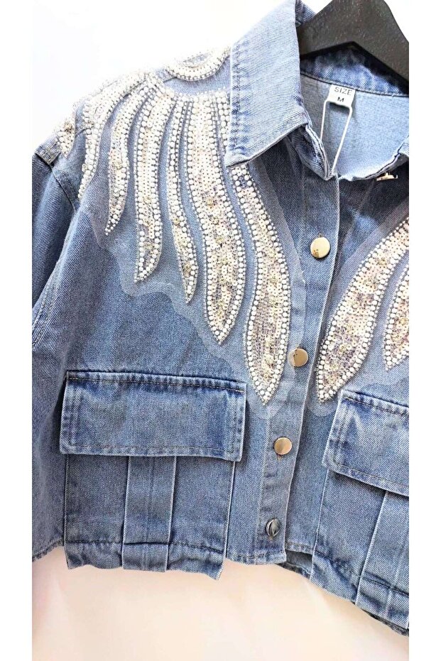 Dalgalı Payet İşlemeli Kısa Denim Mont - 6