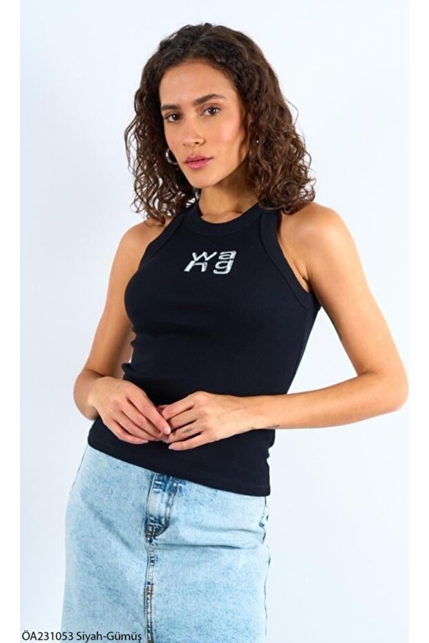 Black Silver Halter Neck Wang Silvery Embroidered Tank Top