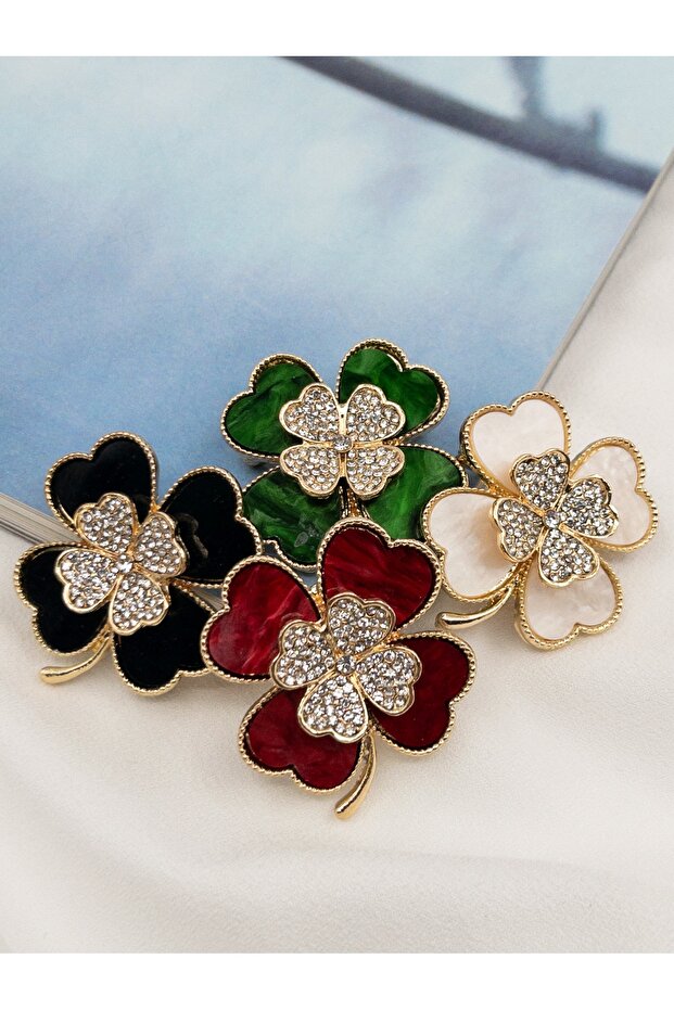 Altın Kaplama Zirkon Taşlı Yonca Broş - 5