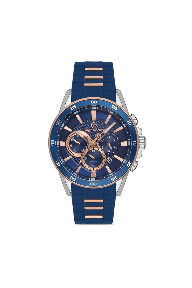 Men's Silver-Rose-Navy Quartz Mechanism Main - Round Dial, Silicone Band Wrist Watch