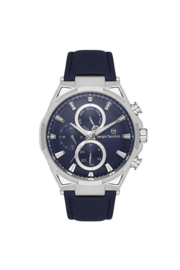 Men's Silver-Navy Round Dial Leather Cord Quartz Wristwatch