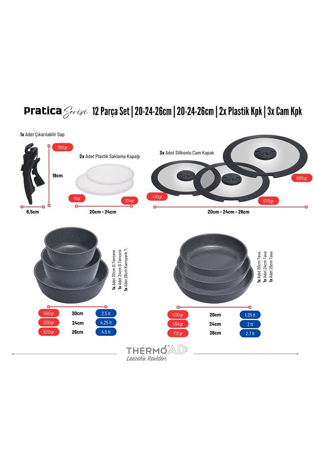 | PRATİCA SERİSİ | 12 Parça | Tencere ve Tava Set | Gri - 3