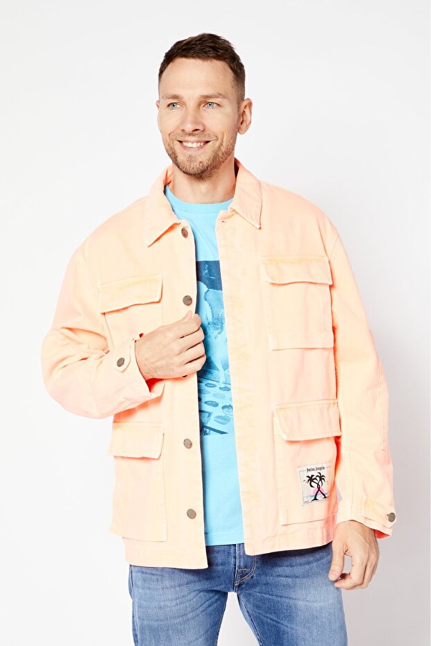 Men Plain Denim Jacket, Orange