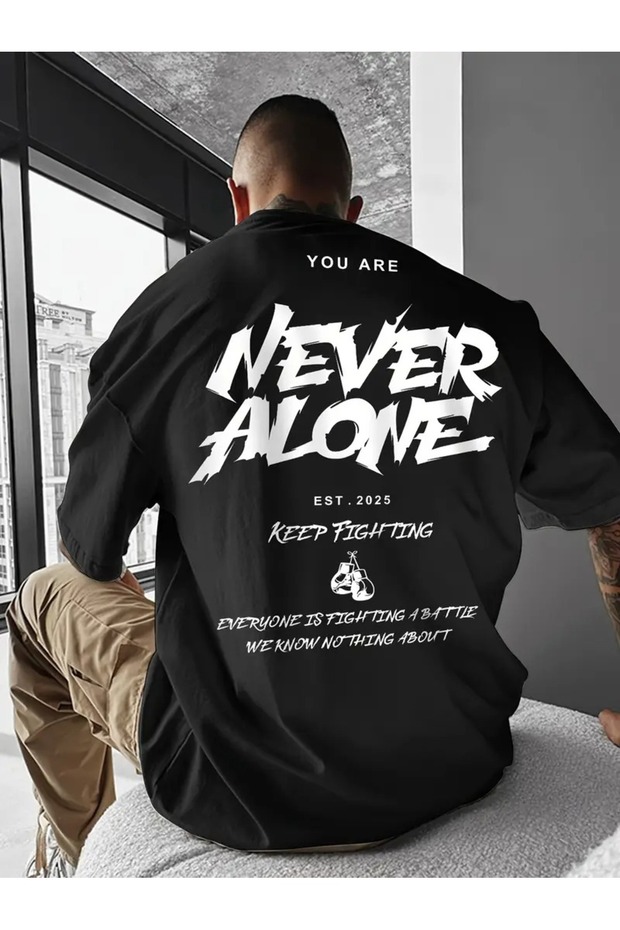 Casual Streetwear Geometric Printed T-Shirt for Men "Never Alone Design, Whiteloose Fit