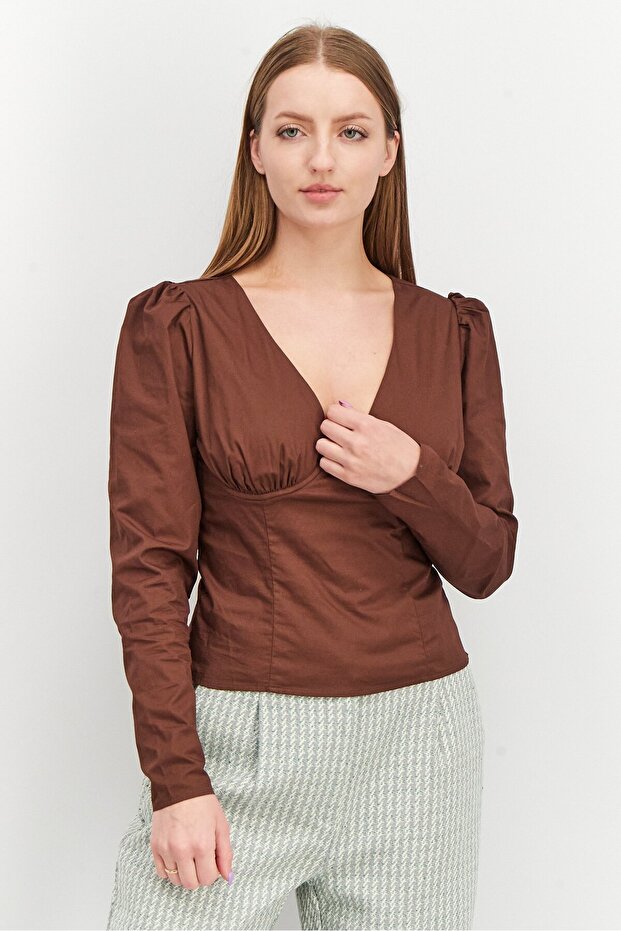 Women Split Neck Long Sleeve Textured Top, Brown