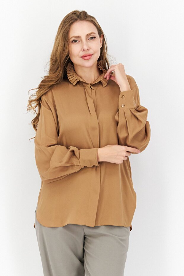 Women Ruffle Collar Long Sleeve Solid Shirt, Light Brown