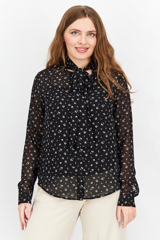 Women Round Neck Cuffed Sleeve Flora Print Blouse, Black Combo