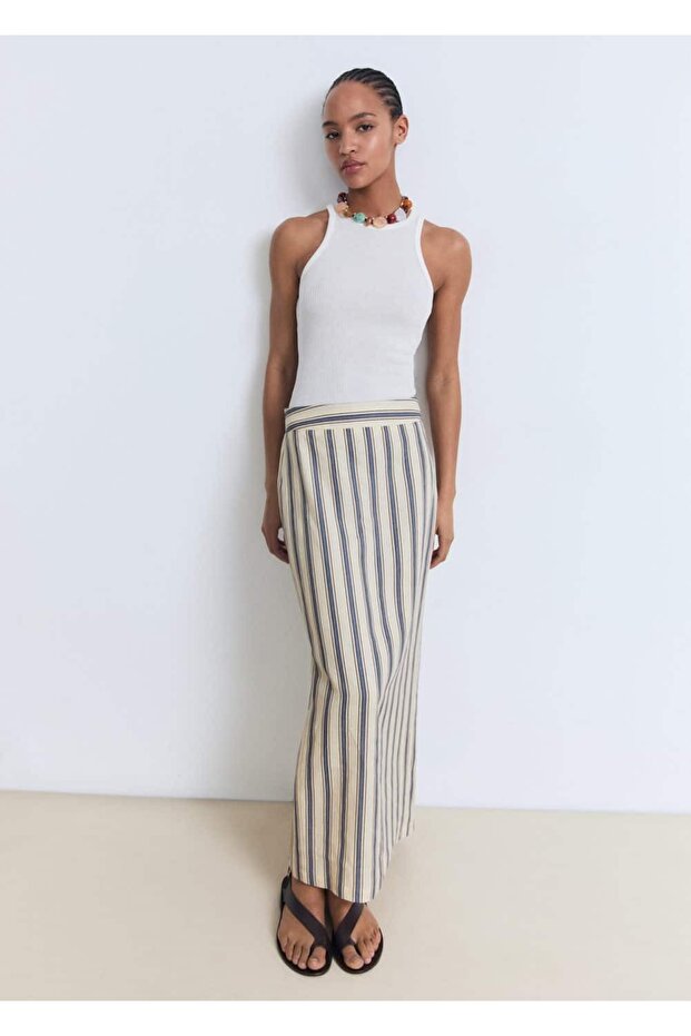 Çizgili keten etek - 5