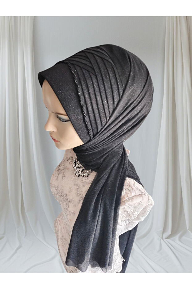 Black Glitter Fabric Bead Embroidered Ready-Made Veil Ready-Made Shawl Ready-Made Turban