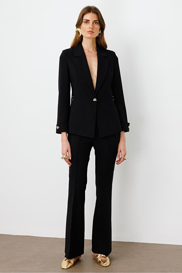 Modailgi Metal Aksesuar Detaylı Tek Düğmeli Yarım Astarlı Ceket Siyah - 4