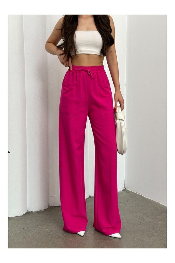 Beli Lastikli Bol Paça Visco Keten Cepli Yazlık Pantolon - 4