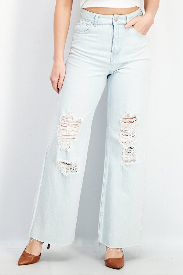 Women Regular Fit Ripped Non Stretchable Denim Jeans, Wash Blue