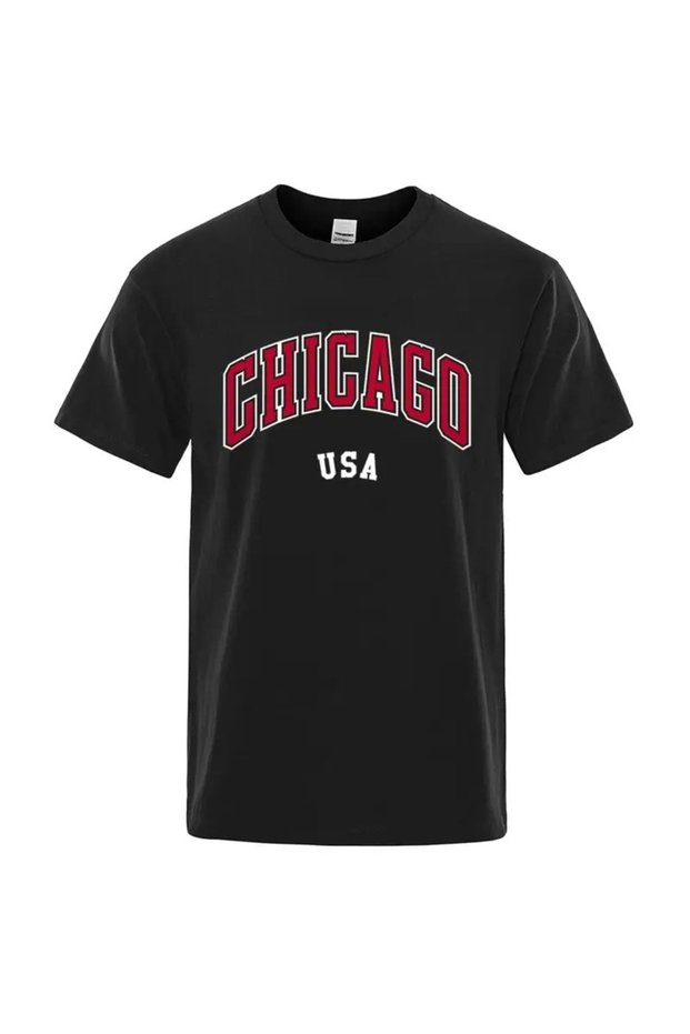 Chicago Usa City Street Letter Men's T-Shirt - Casual Basic Cotton Tops, Mesh Fabric