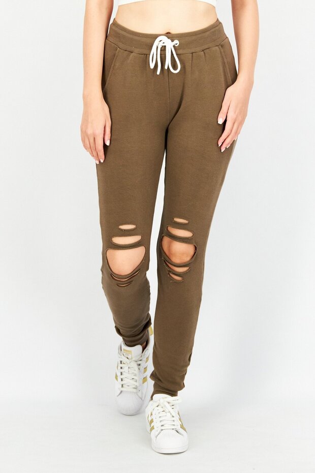 Women Regular Fit Shredded Sweatpants, Tan