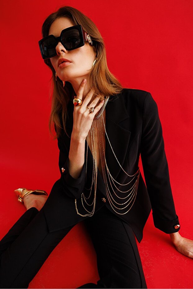 Modailgi Metal Aksesuar Detaylı Tek Düğmeli Yarım Astarlı Ceket Siyah - 3