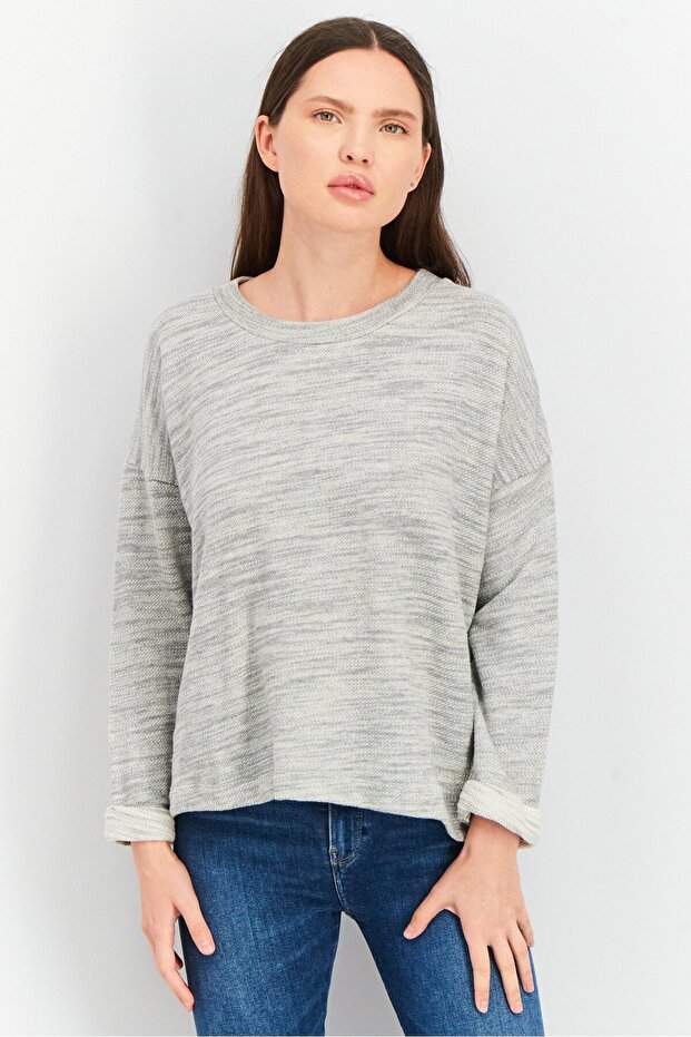 Women Crew Neck 3/4 Sleeve Textured Top, Grey