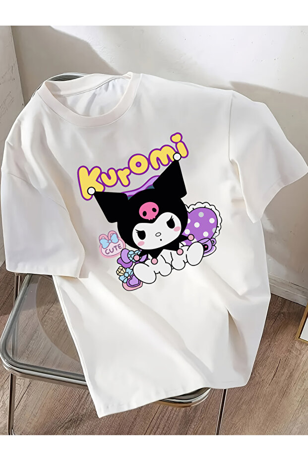 Yellow Lilac Kuromi Printed Combed Cotton T-Shirt for Girls with Crew Neck