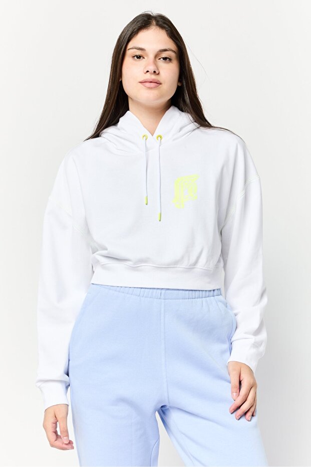 Women Graphic Print Long Sleeves Crop Hooded Sweatshirt, White