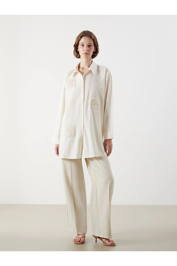 LCW Modest Ekru Nakışlı Oversize Kadın Gömlek Tunik - 2