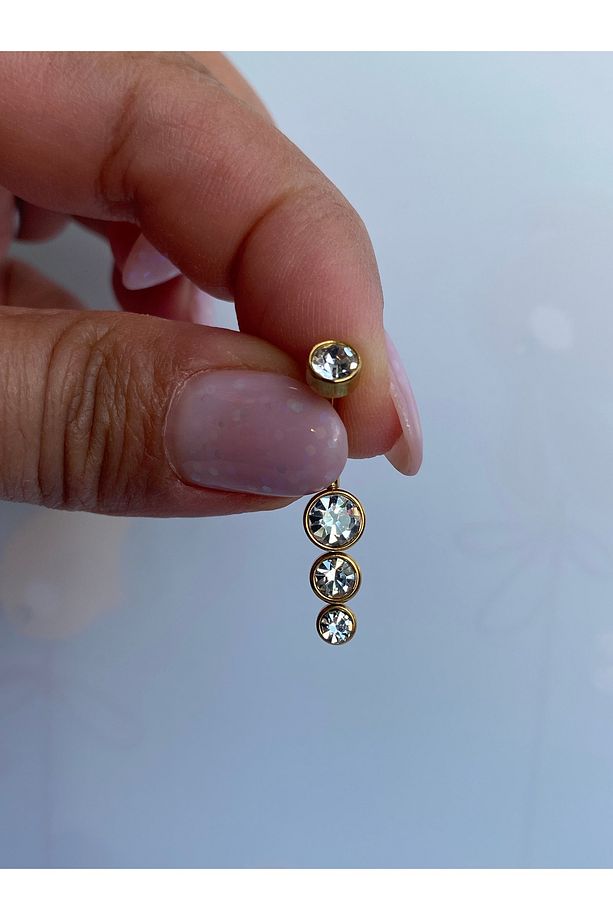 Çelik Göbek Piercing 3 Taşlı Parlak Modelde - 6
