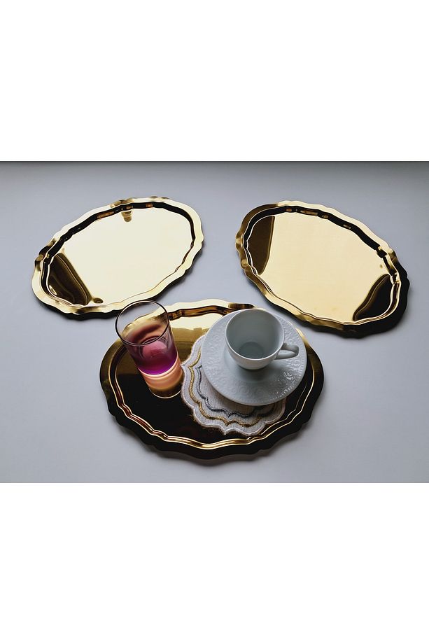 20*25 CM PARLAK GOLD OVAL MODEL 3 ADET SERVİS VE SUNUM TEPSİSİ - 1