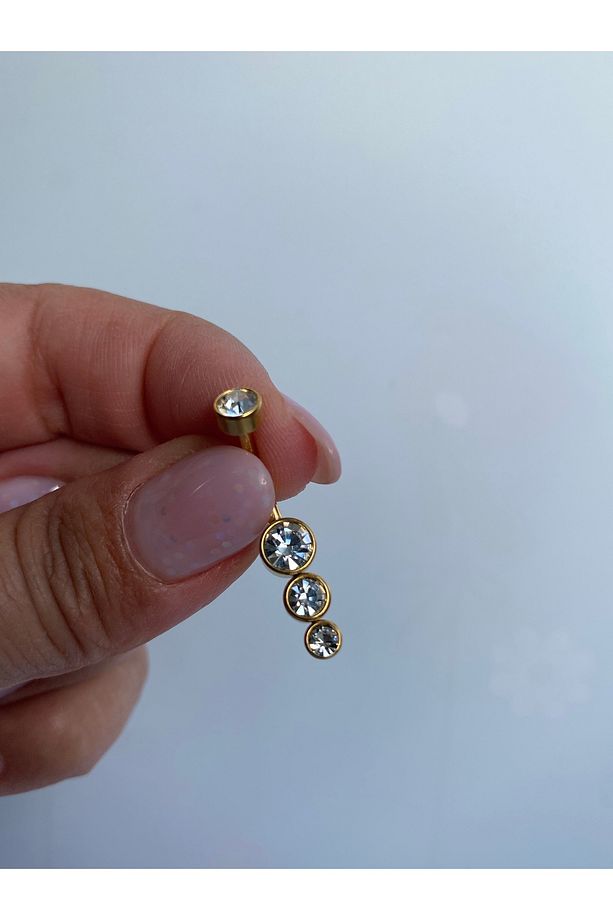 Çelik Göbek Piercing 3 Taşlı Parlak Modelde - 8