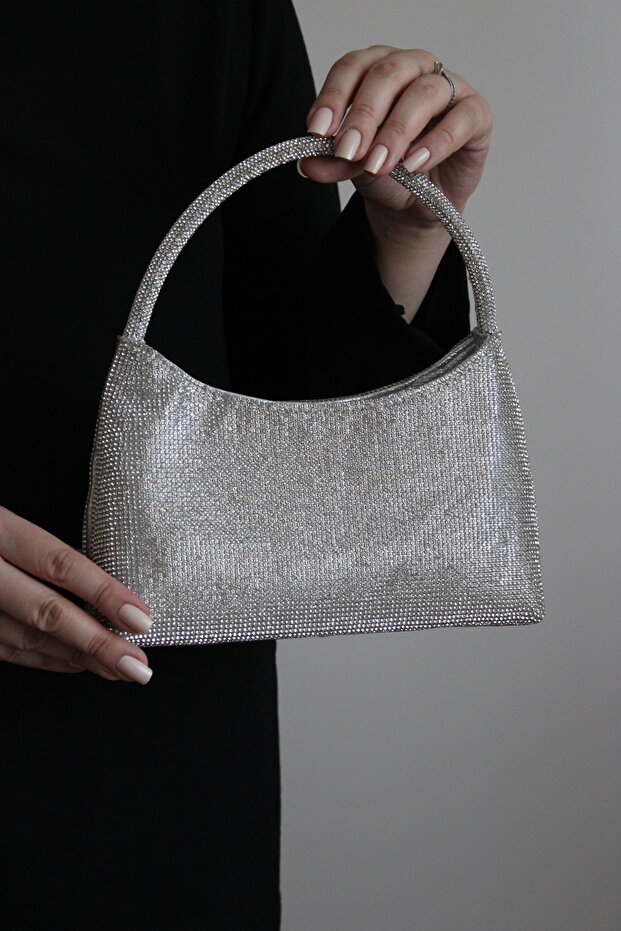 Women's Silver Crystal Textured Shiny Shoulder & Chain Strap Evening Bag