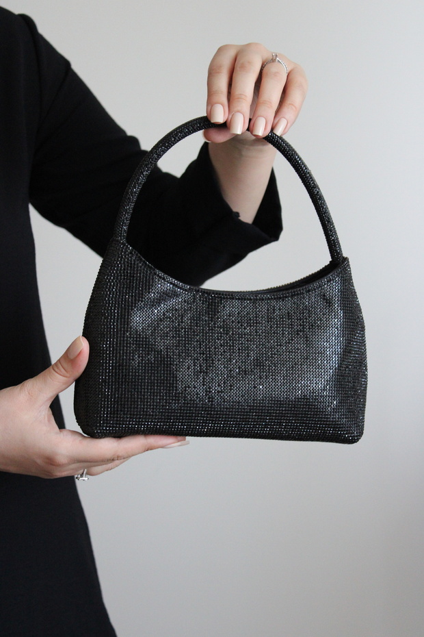 Women's Black Crystal Textured Shiny Shoulder & Chain Strap Evening Dress Bag