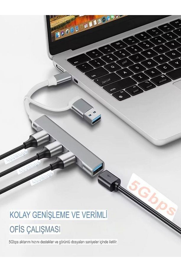 4 in 1 USB + Type-C Çevirici - USB 3.0 Hızlı Klavye-Mouse Data Çoklayıcı HUB - 4