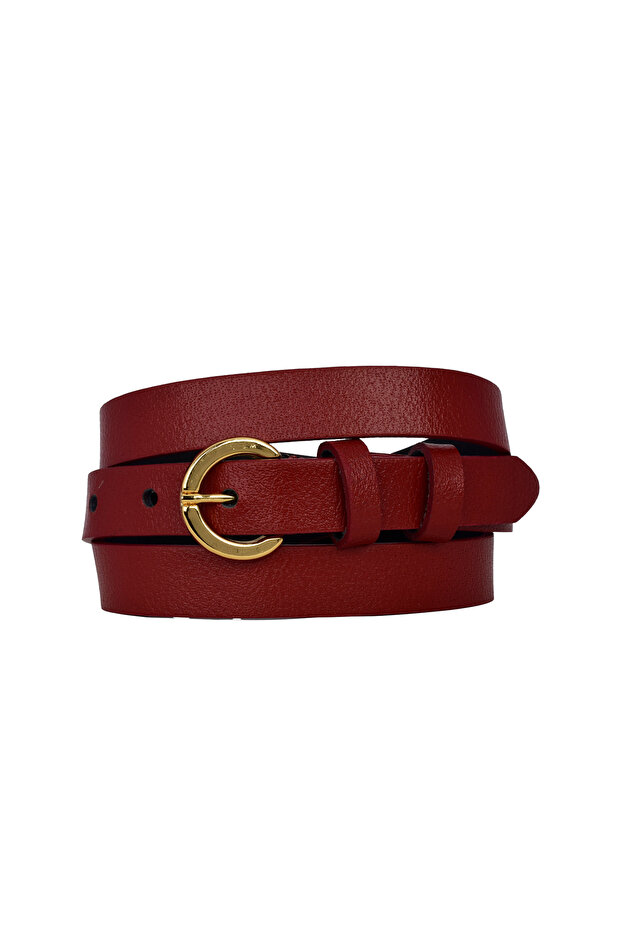 100% Genuine Leather, Thin 2 cm Red Women's Belt with Gold Color Buckle; Dress, Trouser Belt Kilit_G