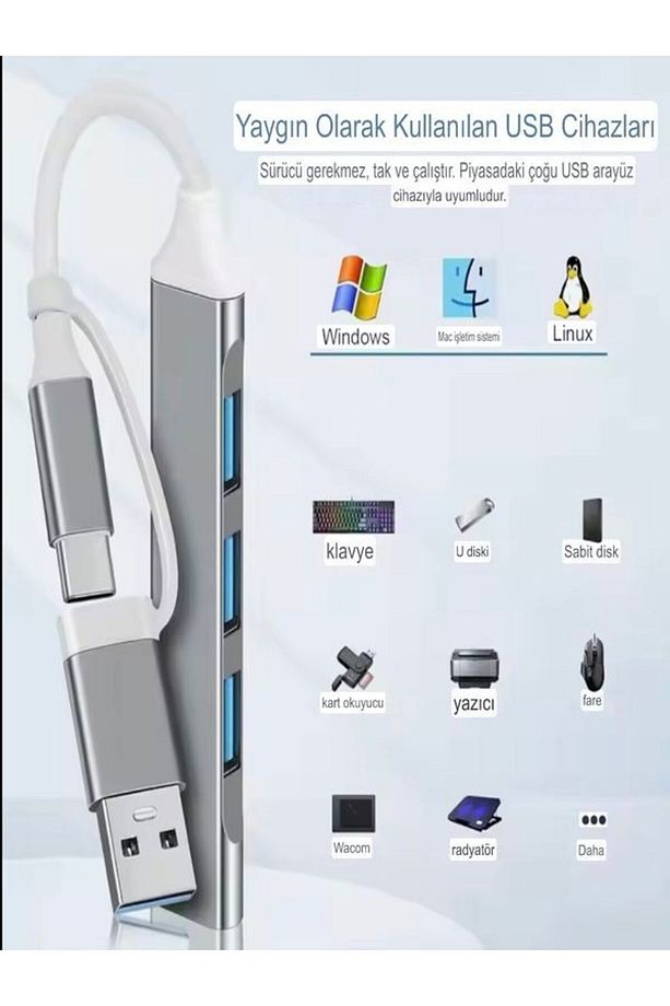 4 in 1 USB + Type-C Çevirici - USB 3.0 Hızlı Klavye-Mouse Data Çoklayıcı HUB - 5