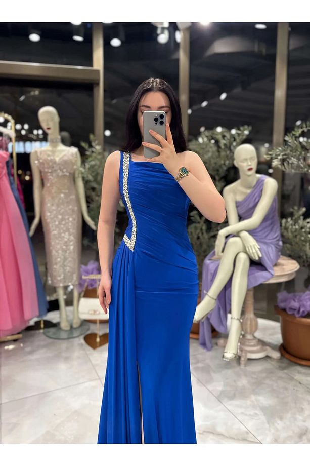 Nadine Taş İşlemeli Tek Kol Önden Yırtmaçlı Uzun Elbise Siyah - 2