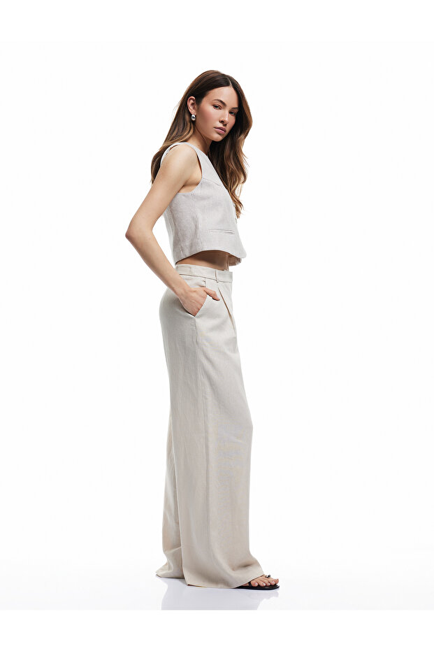 Linen Viscose Blended Wide Leg Trousers with Pockets and Pleats