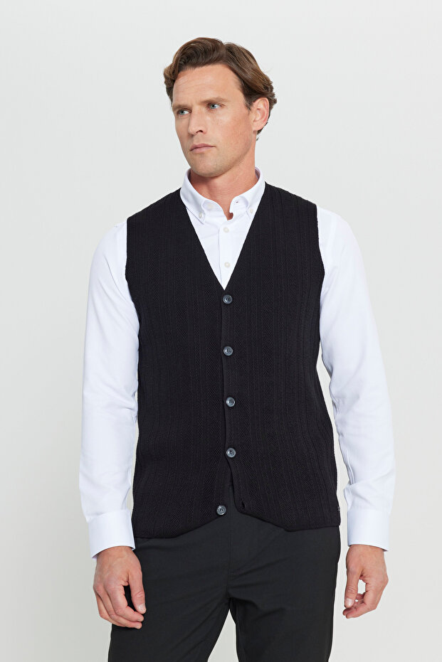 Erkek Siyah %100 Pamuk Standart Fti Normal Kesim V Yaka Jakarlı Triko Yelek - 1