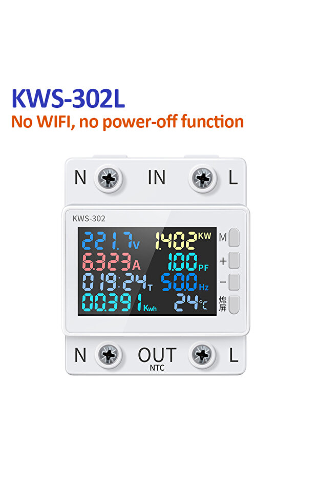 KWS-302-عداد طاقة 8 في 1 بشاشة ملونة متعددة الوظائف، 170-270 فولت/63 أمبير، بدون واي فاي، فولتميتر طاقة تيار متردد