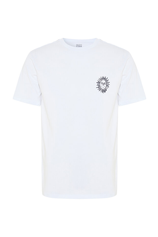 Men's White Loose Fit Printed Crew Neck T-Shirt