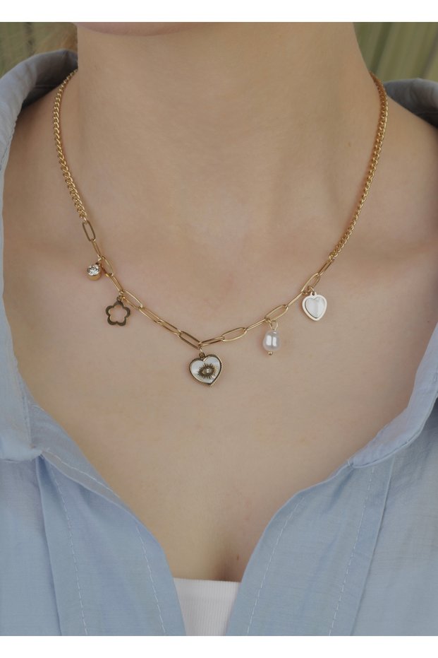 Sihra Accessories Heart and Pearl Detailed Multi-Charm Steel Necklace Gold Color