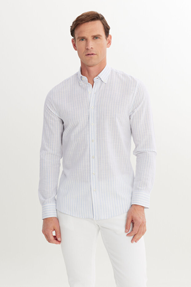 Erkek Mavi %100 Pamuk Slim Fit Dar Kesim Düğmeli Yaka Armürlü Gömlek - 4