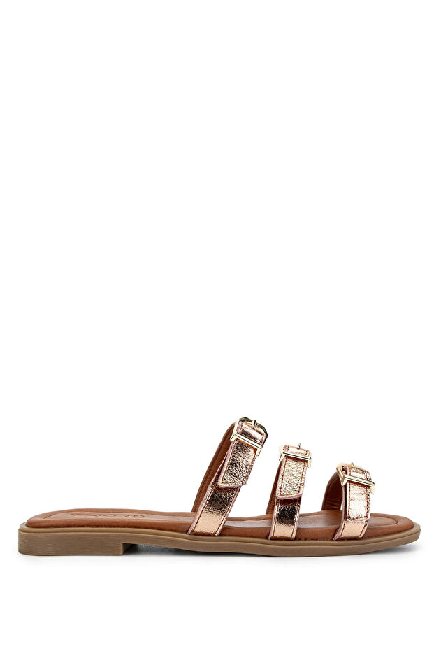 Women's Genuine Leather Tan/Gold Flat Slippers