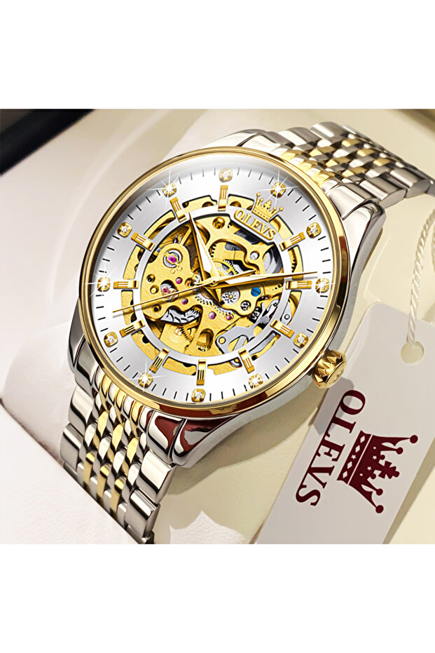 gold white OLEVS Men's Watches Luxury Gold Skeleton Automatic Mechanical Wrist Watch for Man Waterpr