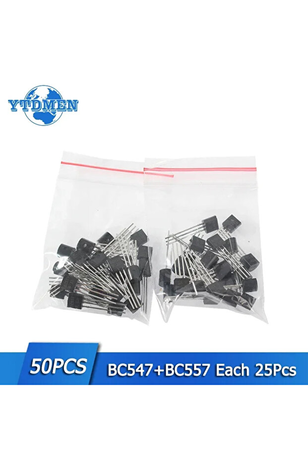 مجموعة YTDMEN تحتوي على 50 قطعة من الترانزستورات BC547 وBC557، منها 25 قطعة من BC547B وBC557B، وهي ترانزستورات NPN وPNP ثلاثية الأقطاب، مناسبة لأعمال الإلكترونيات اليدوية.